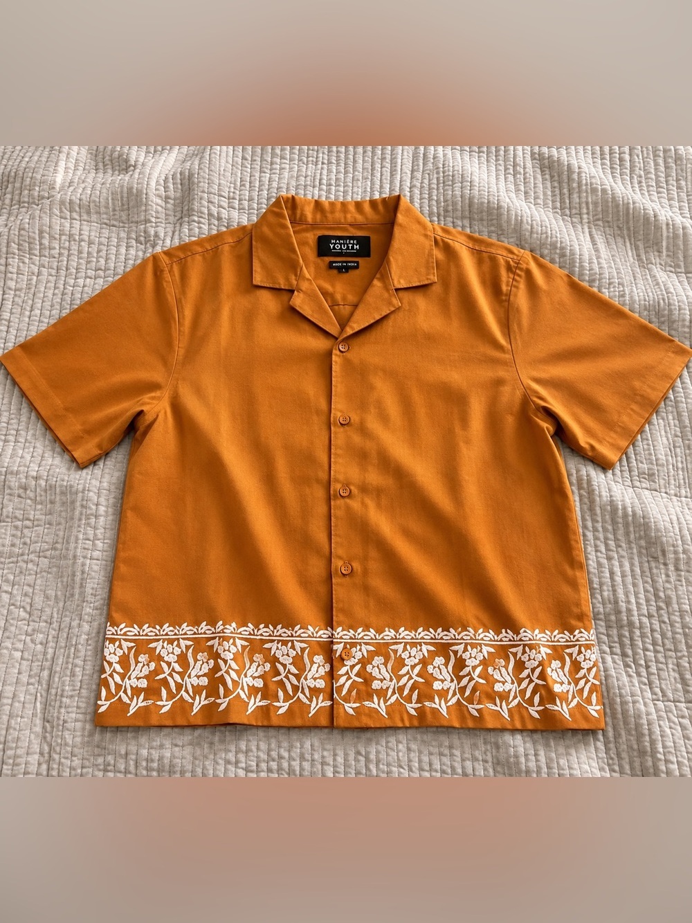 NATIVE YOUTH Tan Short Sleeve Shirt with White Floral Detail